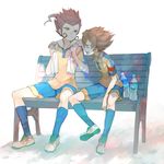  bad_id bad_pixiv_id bench blue_hair bottle brown_hair bunkyo_takemi closed_eyes inazuma_eleven_(series) inazuma_eleven_go lightning_bolt long_hair matsukaze_tenma multiple_boys open_mouth raimon raimon_soccer_uniform short_hair sitting smile soccer_uniform sportswear towel tsurugi_kyousuke water_bottle yellow_eyes 