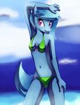  beach bikini blue blue_fur blue_hair blue_theme clothed clothing cute equine female fur hair horse long_hair looking_at_viewer mammal navel negativefox open_mouth purple_eyes seaside skimpy smile solo standing swimsuit tongue 