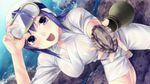  :d abalone barefoot blue_hair diving_mask diving_mask_on_head dutch_angle game_cg highres hirano_katsuyuki holding japanese_clothes kneeling looking_at_viewer love_application open_mouth outstretched_hand purple_eyes see-through smile takigawa_aoi teeth toes touch_shiyo! water wet 