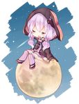  blush braid chibi closed_eyes dress full_moon hair_ornament hand_on_own_chest hat hat_with_ears highres hood hood_up jacket moon moon_rabbit open_clothes open_jacket open_mouth purple_dress purple_hair purple_legwear short_hair_with_long_locks sidelocks sitting smile solo twin_braids vocaloid voiceroid yuya_(night_lily) yuzuki_yukari 