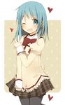  ;d alternate_hair_length alternate_hairstyle bad_id bad_pixiv_id banned_artist blue_eyes blue_hair bow hair_ornament hairclip heart itou_mikan mahou_shoujo_madoka_magica miki_sayaka one_eye_closed open_mouth pantyhose school_uniform smile solo v 