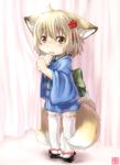  ahoge animal_ears bad_id bad_pixiv_id blonde_hair blue_kimono blush child curtain_grab curtains fang fox_ears fox_tail geta hair_ornament hairclip japanese_clothes kimono looking_at_viewer multiple_tails original rai-rai short_hair solo tail tears thighhighs yellow_eyes yukata 