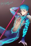  abs bad_id bad_pixiv_id blue_hair bodysuit character_name copyright_name earrings fate/extra fate_(series) gae_bolg grey_background jewelry lancer long_hair male_focus mayuki_(ubiquitous) navel neon_trim pauldrons polearm ponytail red_eyes skin_tight solo spear typo weapon 