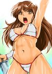  armpits bikini breasts brown_eyes brown_hair covered_nipples face golden_axe long_hair medium_breasts midriff navel shu-z solo swimsuit sword tyris_flare uvula weapon 