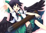  arm_cannon black_legwear black_wings breast_rest breasts cape fujy large_breasts long_hair md5_mismatch one_eye_closed open_mouth red_eyes reiuji_utsuho sitting solo touhou weapon wings 
