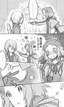  3girls aquarion_(series) aquarion_evol bad_id bad_pixiv_id blush comic food fork gloves greyscale hair_ornament hani_(udauda) headphones jin_musou mikono_suzushiro monochrome multiple_girls short_hair translated yunoha_thrul zessica_wong 