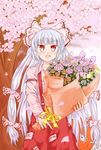  :d amatou3 blush bobobo-bo_bo-bobo bouquet bow cherry_blossoms crossover don_patch flower fujiwara_no_mokou hair_bow hair_ribbon highres long_hair ofuda open_mouth pants petals red_eyes ribbon silver_hair smile solo suspenders touhou tree very_long_hair 