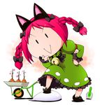  :&gt; animal_ears bell bow braid cat_ears chibi dress hair_bow ichizen_(o_tori) kaenbyou_rin solo touhou wheelbarrow 