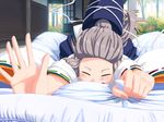 bed bed_sheet closed_eyes futon grey_hair hands hat hat_removed hat_ribbon headwear_removed japanese_clothes kariginu long_hair lying mononobe_no_futo on_bed on_stomach open_door outstretched_hand ponytail ribbon sheet_grab solo takuzui tate_eboshi touhou tree 