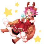  1girl antlers bell boots bow brown_gloves cape dress fa facial_mark fire_emblem fire_emblem:_fuuin_no_tsurugi fire_emblem_heroes forehead_mark full_body fur_trim gloves green_eyes lilly0723euro long_sleeves mamkute nintendo open_mouth pointy_ears purple_hair reindeer_antlers short_hair simple_background solo star white_background 
