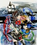  asymmetrical_wings grin houjuu_nue one_eye_closed polearm red_eyes skirt smile snake solo thighhighs tiger touhou traditional_media trident tugumi0w0 watercolor_(medium) weapon wings 