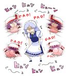  angry apron ass bad_id bad_pixiv_id bat_wings bow braid breast_padding clenched_hands clone grey_hair hair_bow hat hat_bow izayoi_sakuya maid maid_headdress multiple_girls o3o purple_hair red_eyes remilia_scarlet sango_tsukune standing taunting touhou twin_braids wings 
