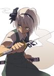  black_hairband green_eyes hairband katana konpaku_youmu konpaku_youmu_(ghost) scabbard sheath short_hair solo sword touhou weapon white_hair wuliao555 