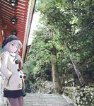  adapted_costume against_wall alternate_headwear beanie black_legwear coat contemporary grey_eyes grey_hair hands_in_pockets hat long_hair looking_at_viewer mononobe_no_futo nature pantyhose pleated_skirt skirt solo stairs takanashi_akihito temple touhou tree 
