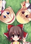  alice_margatroid arm_up bad_id bad_pixiv_id blonde_hair blue_eyes blush bow braid brown_hair circle_formation grass hair_bow hair_ribbon hair_tubes hairband hakurei_reimu kirisame_marisa lying multiple_girls on_back open_mouth purple_eyes ribbon short_hair smile touhou unjou_takehiro 