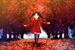 autumn bad_id bad_pixiv_id black_hair black_legwear blue_eyes child coat fate/zero fate_(series) faux_traditional_media forest hair_ribbon highres long_hair nature ribbon solo suizhiqi thighhighs toosaka_rin twintails younger zettai_ryouiki 