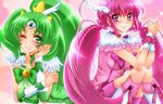  bike_shorts boots bow breasts choker cure_happy cure_march eyelashes green_choker green_eyes green_hair green_skirt head_wings hoshizora_miyuki kiraki knee_boots long_hair magical_girl midorikawa_nao multiple_girls one_eye_closed pink_bow pink_choker pink_eyes pink_hair pink_skirt precure shorts shorts_under_skirt sitting skirt small_breasts smile smile_precure! tiara tri_tails twintails very_long_hair wrist_cuffs 