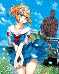  blonde_hair blue_eyes blush breasts brown_hair bt-7 character_request cleavage collarbone cover cover_page crossed_arms flower grass ground_vehicle hair_ornament headpiece helmet joseph_stalin katukov medium_breasts military military_vehicle motor_vehicle multiple_girls nogami_takeshi open_mouth petals real_life real_life_insert school_uniform serafuku serafuku_to_juusensha short_hair statue tank 