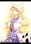  :q bad_id bad_pixiv_id blonde_hair fox_tail hands_in_opposite_sleeves hat kuran_(mkmrl) letterboxed multiple_tails short_hair smile solo tail tongue tongue_out touhou white_background yakumo_ran yellow_eyes 