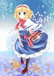  alice_margatroid blonde_hair blue_eyes blush book bow capelet dress flower hairband highres pantyhose puracotte short_hair smile solo touhou 