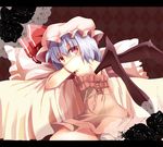  bat_wings bed black_flower black_rose blue_hair flower hat hat_ribbon highres letterboxed looking_back nightgown off_shoulder pillow red_eyes remilia_scarlet ribbon rose short_hair sitting solo take_tonbo touhou wariza wings 