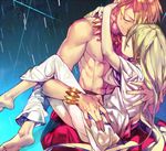  abs androgynous barefoot blonde_hair bracelet carrying closed_eyes earrings enkidu_(fate/strange_fake) fate/stay_night fate/strange_fake fate_(series) feet gilgamesh green_hair jewelry long_hair male_focus multiple_boys muscle necklace princess_carry rain robe shirtless shishio tears 