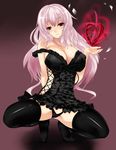  arm_behind_back arm_up black_legwear black_panties blush breasts cleavage corset cube_(circussion) dress head_tilt large_breasts lingerie long_hair off_shoulder original panties pink_hair purple_eyes side_slit smile solo spiral squatting thighhighs underwear 