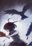  bird black_hair crow fan feathers hat looking_at_viewer red_eyes shameimaru_aya short_hair skirt solo tokin_hat touhou upper_body wuliao555 