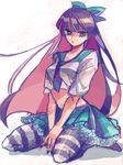  bow crop_top frills hair_bow long_hair midriff multicolored_hair nail_polish necktie panty_&amp;_stocking_with_garterbelt sitting solo stocking_(psg) striped striped_legwear tegaki thighhighs turpentine_(pin) two-tone_hair 
