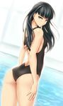  amagami ass ayatsuji_tsukasa bad_id bad_pixiv_id black_hair blue_eyes competition_swimsuit dutch_angle from_behind long_hair looking_at_viewer looking_back one-piece_swimsuit shinon_(tokage_shuryou) solo swimsuit water 