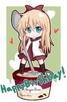  birthday blonde_hair blue_eyes bow brand_name_imitation chibi haagen-dazs hair_bow hand_on_hip happy_birthday heart kashiwa_mochi_(espoir) long_hair nanamori_school_uniform rum_raisin school_uniform serafuku smile solo spoon standing thighhighs toshinou_kyouko yuru_yuri zettai_ryouiki 