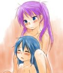  beni_shouga blue_eyes blue_hair blush closed_eyes hiiragi_kagami izumi_konata long_hair lucky_star multiple_girls nude purple_hair 