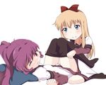  bad_id bad_pixiv_id blonde_hair blue_eyes blush bow dress grin hair_bow highres long_hair long_sleeves looking_away lying miyanokawa_shuu multiple_girls nanamori_school_uniform no_shoes on_back panties pantyhose pantyhose_pull pillow ponytail purple_eyes purple_hair sailor_dress school_uniform serafuku simple_background sitting smile sugiura_ayano tears thigh_gap toshinou_kyouko underwear undressing wariza wavy_mouth white_background yuri yuru_yuri 