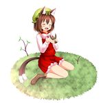  animal_ears aps_(alice-momizi) bird blush boots brown_hair cat_ears cat_tail chen closed_eyes cross-laced_footwear eurasian_tree_sparrow highres lace-up_boots multiple_tails sitting smile solo sparrow tail touhou wariza 
