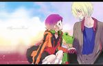  1girl aquarion_(series) aquarion_evol blonde_hair blue_eyes blush boots doll gloves gradient_hair jin_musou mooche multicolored_hair orange_hair purple_hair sitting skirt stuffed_animal stuffed_frog stuffed_toy tama_(aquarion) yunoha_thrul 