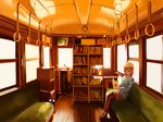  beanie book bookshelf boots brown_eyes brown_legwear bun_(c56160) hat long_sleeves orange_(color) orange_hair original pantyhose reading room short_hair sitting solo sweater train_interior vanishing_point wooden_floor 