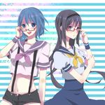  akemi_homura alternate_costume bad_id bad_pixiv_id bespectacled glasses hairband long_hair mahou_shoujo_madoka_magica midriff miki_sayaka mizuta_mari multiple_girls red-framed_eyewear shorts suspenders 