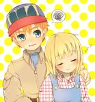  1girl baseball_cap blonde_hair blue_eyes blush claire_(harvest_moon) closed_eyes gray_(harvest_moon) harvest_moon hat long_hair open_mouth orange_hair overalls sleeping smile spoken_squiggle squiggle sweat zzz 