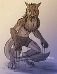  2012 blood chest_tuft claws clothing crouching facial_markings front kadath looking_at_viewer male markings monochrome sergal shorts simple_background standing toe_claws tongue tongue_out topless tuft 
