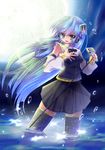  blue_eyes blue_hair detached_sleeves full_moon headphones highres long_hair moon night open_mouth outdoors rankiryuu ring_suzune skirt smile solo thighhighs very_long_hair vocaloid water zettai_ryouiki 