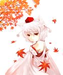  absurdres animal_ears autumn bare_shoulders caesar8149 detached_sleeves hat highres inubashiri_momiji leaf looking_back maple_leaf red_eyes sarashi short_hair solo tokin_hat touhou upper_body white_background white_hair wolf_ears 