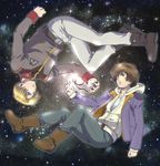  bad_id bad_pixiv_id banagher_links blonde_hair blue_eyes brown_eyes brown_hair floating gundam gundam_unicorn hood hoodie jacket jewelry locket military military_uniform multiple_boys pendant redpipin riddhe_marcenas rotational_symmetry space star uniform zero_gravity 