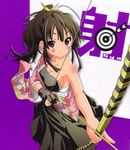 absurdres akira_(umihan) archery arrow bow_(weapon) breasts brown_eyes brown_hair character_request cleavage copyright_request gloves hadanugi_dousa highres kyuudou long_hair medium_breasts muneate partly_fingerless_gloves ponytail purple_eyes sarashi smile weapon yugake 