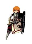  armor bag boots brown_eyes fighting_stance fortress_(sekaiju) full_body himukai_yuuji official_art orange_hair pouch sekaiju_no_meikyuu sekaiju_no_meikyuu_4 shield simple_background smile solo standing weapon white_background 