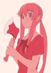  axe face gasai_yuno hands hatchet highres mirai_nikki monochrome murakami_suigun pink ponytail solo weapon western_hatchet 