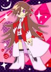  1girl alice alice_(pandora_hearts) boots brown_hair crossover fingernails full_body long_hair long_sleeves looking_at_viewer lowres miniskirt pandora_hearts panty_&amp;_stocking_with_garterbelt parody purple_eyes ribbon skirt solo standing style_parody white_boots 