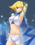  arm_up armpits bangs bare_shoulders blonde_hair blue_background blue_scarf blunt_bangs cowboy_shot crop_top detached_sleeves electricity eleka glowing gradient_hair halterneck hand_behind_head hand_on_hip kid_icarus kid_icarus_uprising looking_at_viewer mafen midriff multicolored_hair navel one_eye_closed orange_hair plant pose purple_eyes scarf short_hair short_shorts shorts simple_background smile smirk solo spiked_hair standing toned torn_clothes vines 