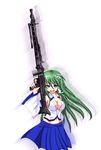  bare_shoulders breasts cleavage detached_sleeves doyouwantto frog frog_hair_ornament green_eyes green_hair groin gun hair_ornament kochiya_sanae long_hair looking_at_viewer machine_gun medium_breasts mg42 navel open_mouth skirt smile snake solo touhou weapon 