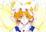  blonde_hair crying crying_with_eyes_open face fox_tail hat highres mtmy multiple_tails short_hair solo tail tears touhou traditional_media yakumo_ran 