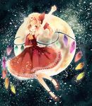  ;d bad_id bad_pixiv_id dress flandre_scarlet full_moon hat hat_ribbon himehi moon one_eye_closed open_mouth outstretched_arm red_eyes ribbon side_ponytail smile solo touhou wings 